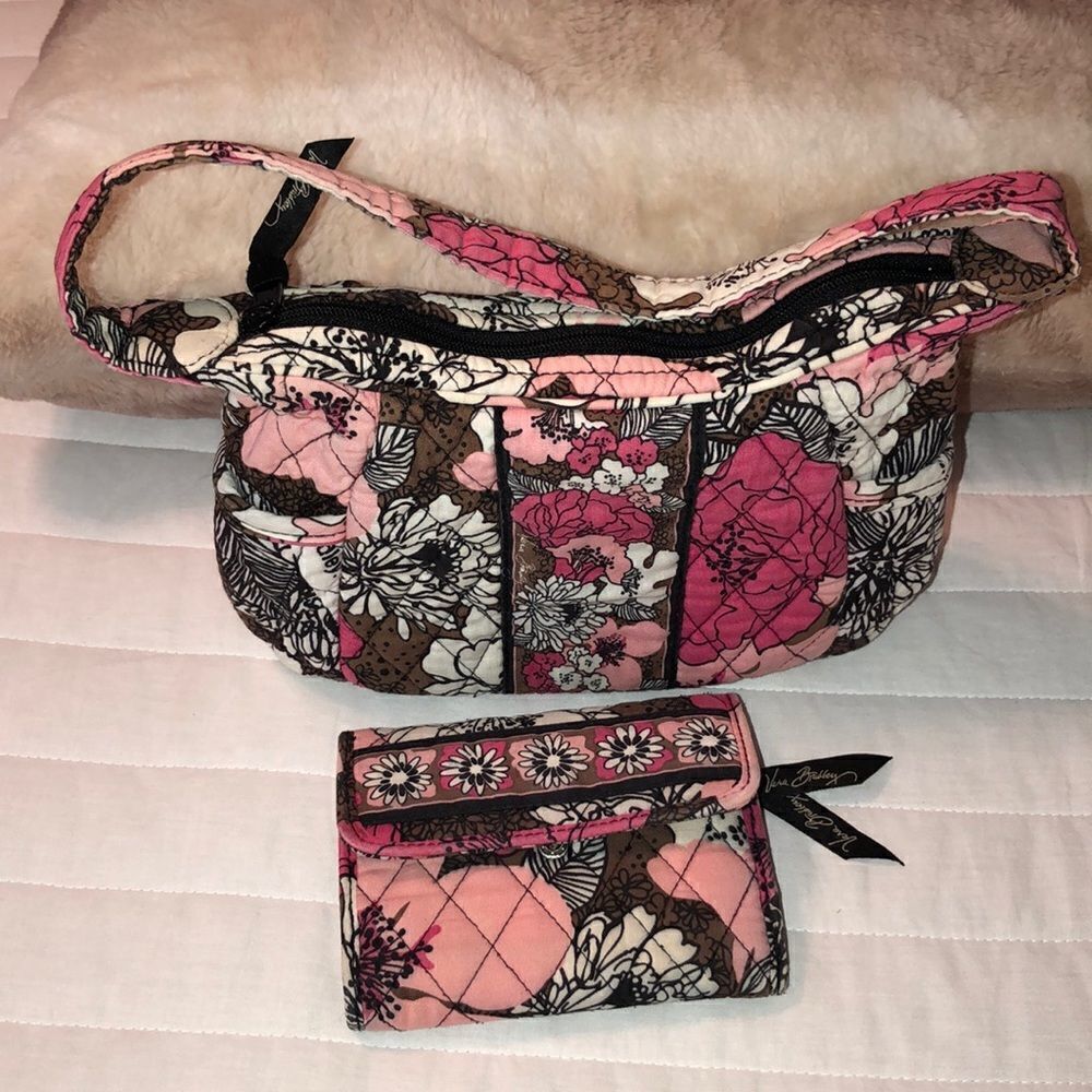 VB Mocha Rouge Mini Hobo Quilted Bag and Wallet Set Brown White Fuchsia Pink